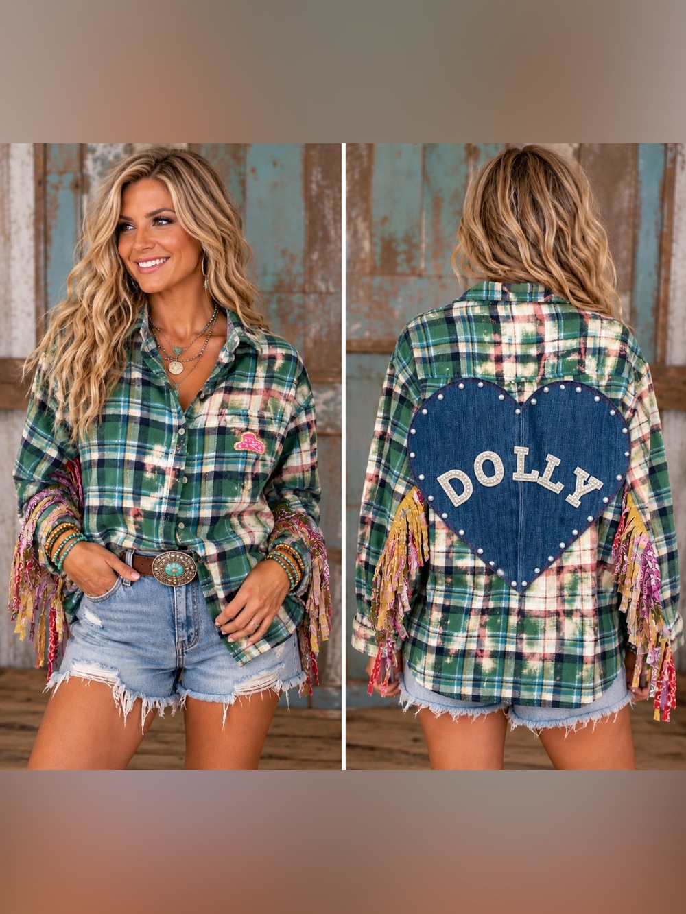 Upcycled DOLLY Flannel w/faux pearl Denim Hear & Multicolor Fringe
